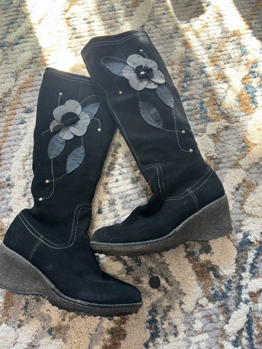 Black Floral Suede Mid-Calf Heeled Boots